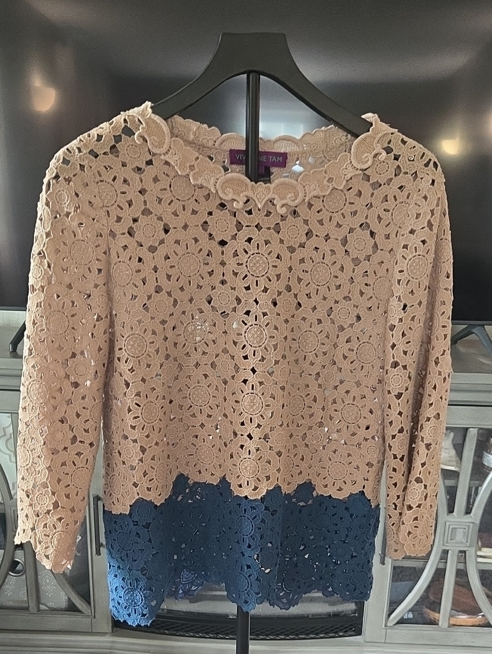 Vintage Vivienne Tam Beige and Navy Crochet Floral Long Sleeve Top